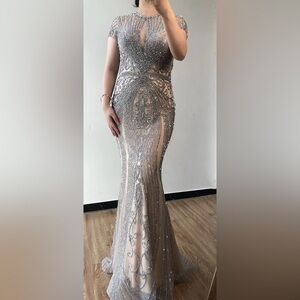 Glamorous Silver Beaded Prom Dress